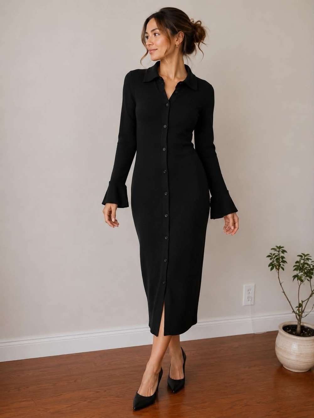 Sleek Black Button-Front Collared Midi Dress